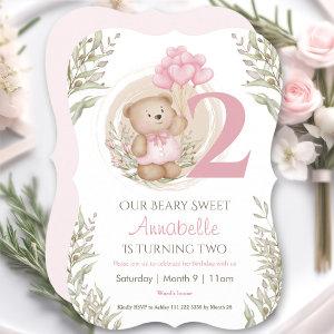 2nd Birthday Cute Teddy Bear Heart Balloons Pink
