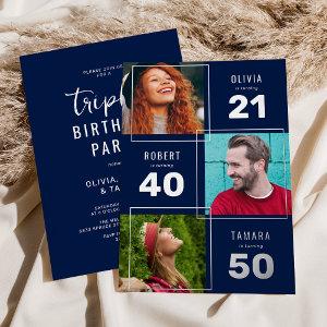 3 Photo Joint Birthday Party Blue & Silver Foil