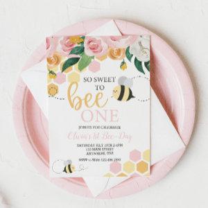 Bee Day bumblebee 1st Birthday pink floral Invitat