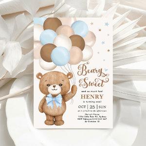 Blue Brown Teddy Bear with Balloons Boy Birthday I