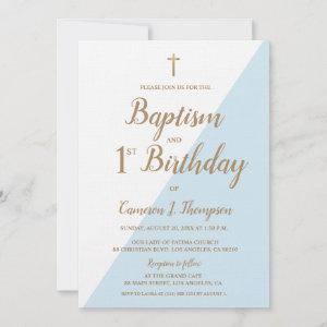 Chic Blue Gold Cross Baptism and 1st Birthday