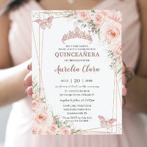 Chic Blush Floral Rose Gold Butterfly Quinceañera