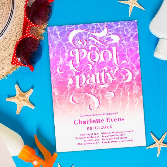 Cool water pool party script swirls pink Sweet 16