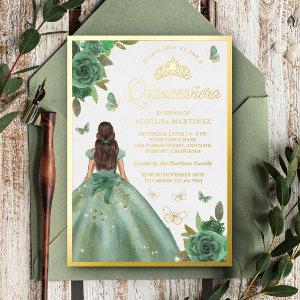 Dusty Sage Green Floral Butterfly Quinceanera Gold Foil