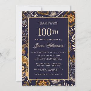 Elegant Blue and Gold Pattern 100th Birthday