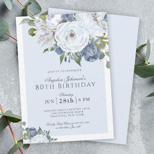 Elegant Blue and White Floral 80th Birthday Party