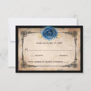 Elegant Watercolor Blue Rose Gold Rustic Wedding RSVP Card