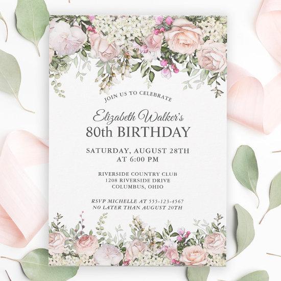 Feminine Pink Roses Floral 80th Birthday Party