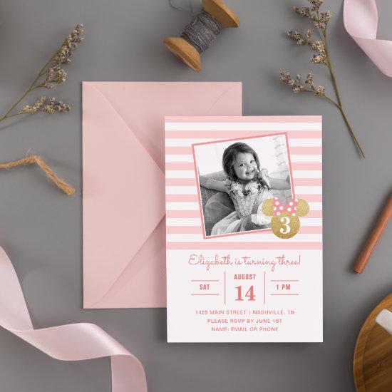 Minnie Mouse | Gold & Pink Striped Photo Birthday