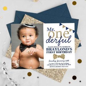 Mr Onederful Blue and Gold First Birthday Photo