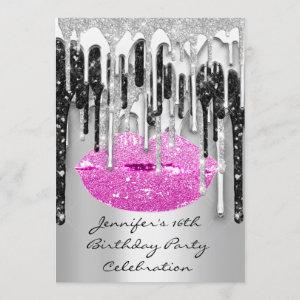 Party 16th Red Lips Kiss Black Pink Glitter Drip