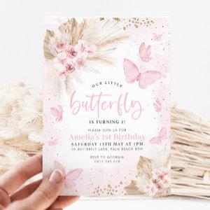 Pink Butterfly Boho Flowers 1st Birthday Floral