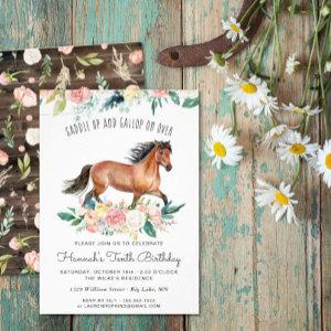 Pretty Horse and Flowers on Rustic Wood Birthday