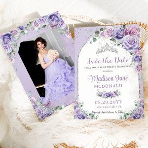 Purple Lilac Floral Sweet 16 Silver Birthday Photo Save The Date