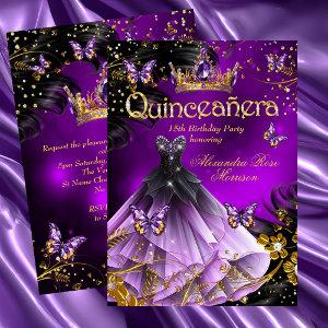 Quinceanera birthday purple Gold Dress Butterfly