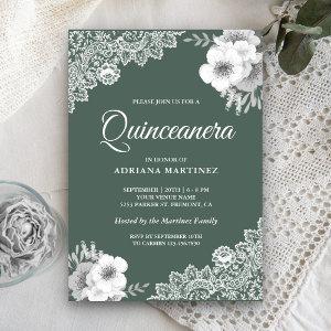 Rustic Country Dusty Green Floral Lace Quinceanera