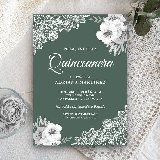 Rustic Country Dusty Green Floral Lace Quinceanera