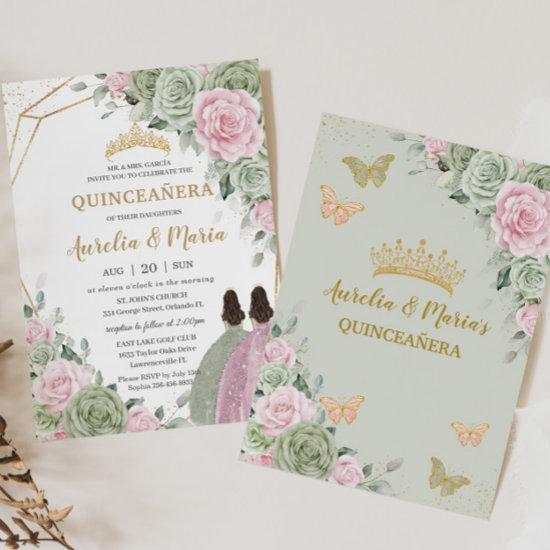 Sage Green Pink Floral Quinceañera Twins Butterfly