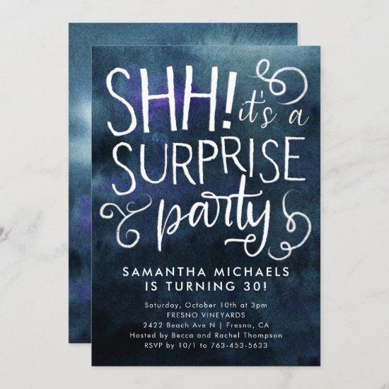 Surprise Birthday Party Navy Blue Watercolor