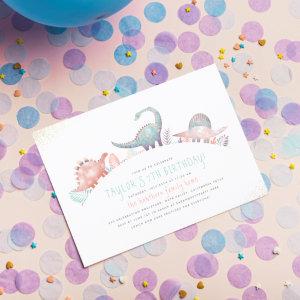 Turquoise & Gold Cute Girl Dinosaur Birthday Party