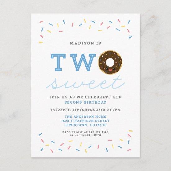 Two Sweet Donut and Sprinkles Blue 2nd Birthday  Postcard