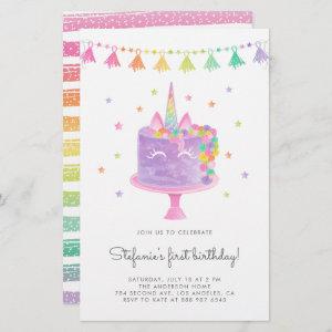 Watercolor Rainbow Unicorn Cake Birthday Invite