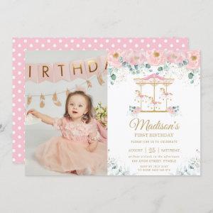 Whimsical Pink Floral Carousel 1st Birthday Photo