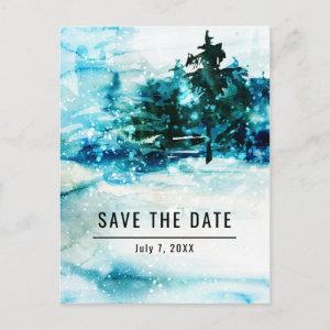 Winter Watercolor Snowy Forest Pine Save the Date Announcement Postcard