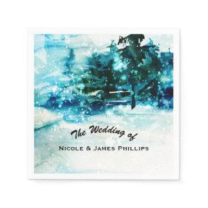 Winter Watercolor Snowy Forest Pine Trees Wedding Paper Napkins