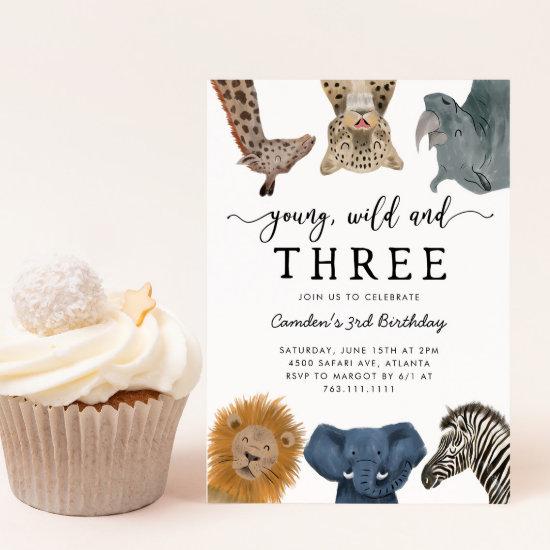 Young Wild and Three Safari Birthday Party Invitat
